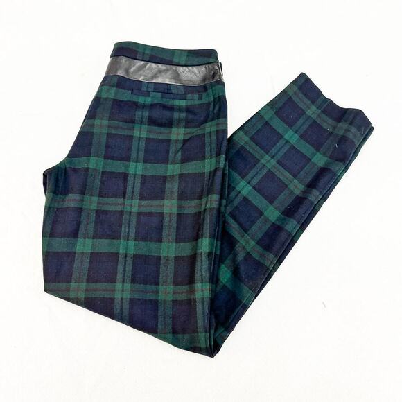 Club Monaco Plaid Patterned Straight Leg Green Slack Pants Leather Banded Size 4 - Picture 10 of 10